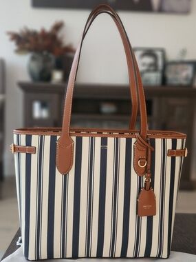 Oroton Navy and Cream Striped Tote with Tan Leather Trim